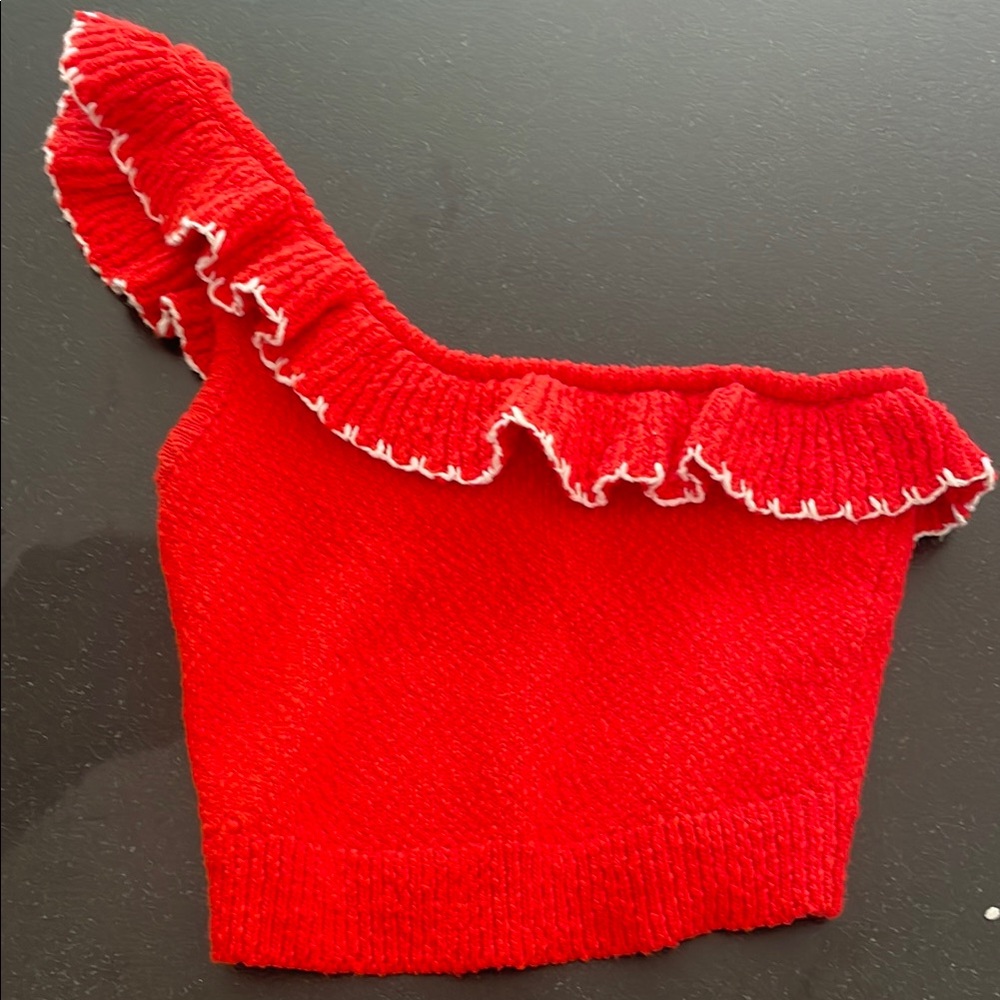 Urban Outfitters Red One-Shoulder Ruffle Crop Sweater XS